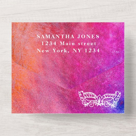 Masquerade Masker Pink Glitter Abstract Quinceaner All In One Uitnodiging (Achterkant)