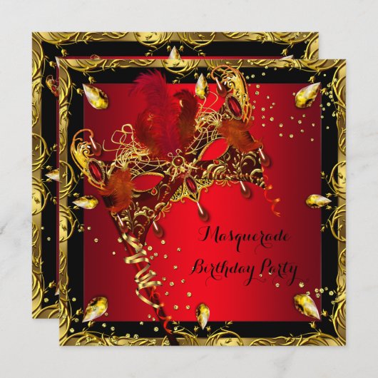 Masquerade Masker Red Gold Birthday Party Kaart (Voorkant / Achterkant)