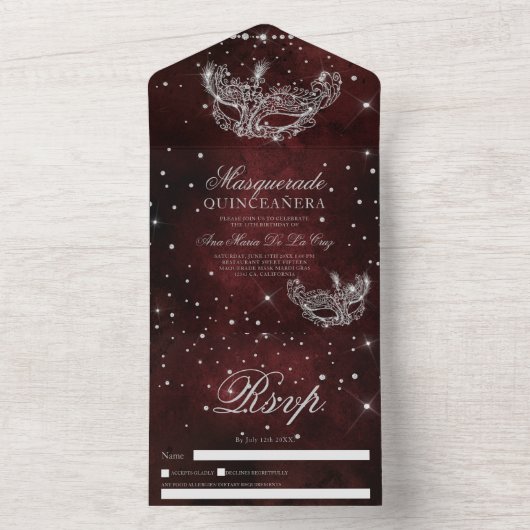 Masquerade masker zilveren glitter quinceanera roo all in one uitnodiging (Binnen)