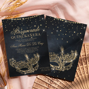 Masquerade masker zwart goud glitter quinceanera kaart