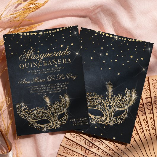 Masquerade masker zwart goud glitter quinceanera kaart
