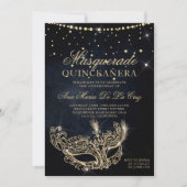 Masquerade masker zwart goud glitter quinceanera kaart (Voorkant)