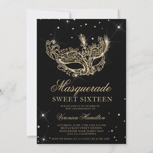 Masquerade masker zwart goud glitter Sweet 16 Kaart (Voorkant)
