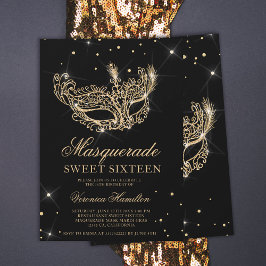 Masquerade masker zwart goud glitter Sweet 16 Kaart