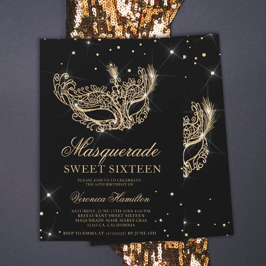 Masquerade masker zwart goud glitter Sweet 16 Kaart