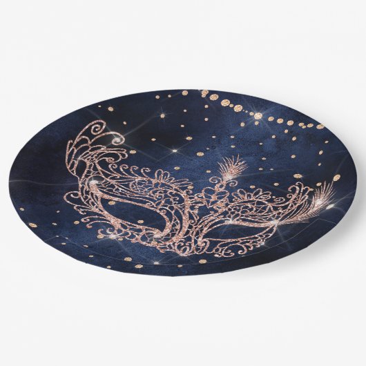 Masquerade maskerelegant roos goudglitter sparren papieren bordje (Gekanteld)