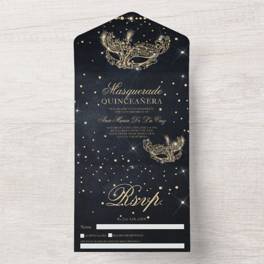 Masquerade maskergoud glitter quinceanera zwart all in one uitnodiging (Binnen)