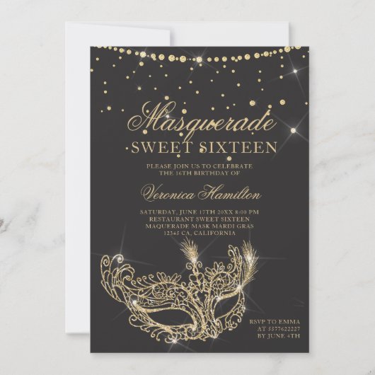 Masquerade maskergrijs goudglitter Sweet 16 Kaart (Voorkant)