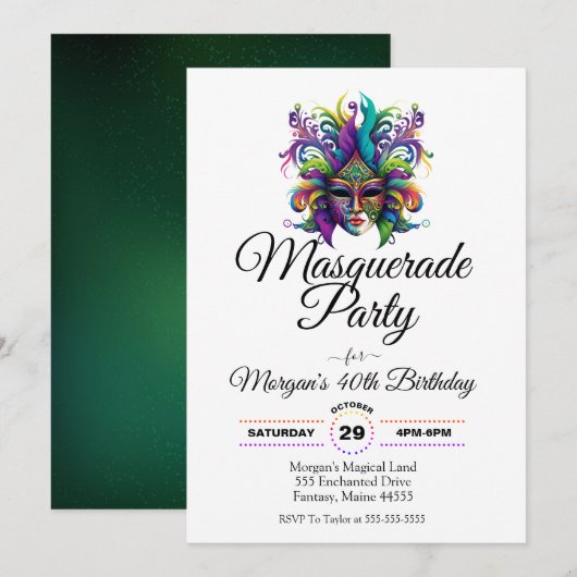 Masquerade maskerparty verjaardaguitnodiging kaart (Voorkant / Achterkant)