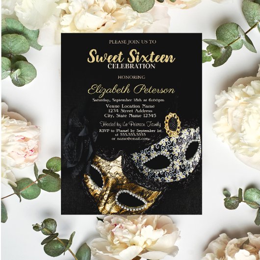 Masquerade, Masque, Black, Confetti Sweet 16 Kaart
