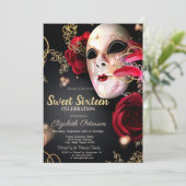Masquerade, Masque, Confetti Red Roses Sweet 16 Kaart (Staand voorkant)