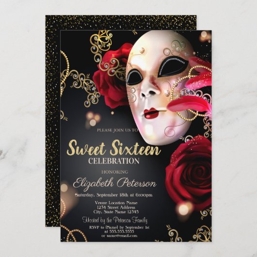 Masquerade, Masque, Confetti Red Roses Sweet 16 Kaart (Voorkant / Achterkant)