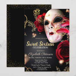 Masquerade, Masque, Confetti Red Roses Sweet 16 Kaart