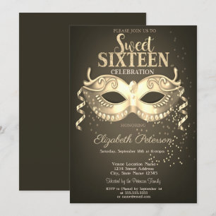 Masquerade, Masque, Confetti Sweet 16 Gold Kaart