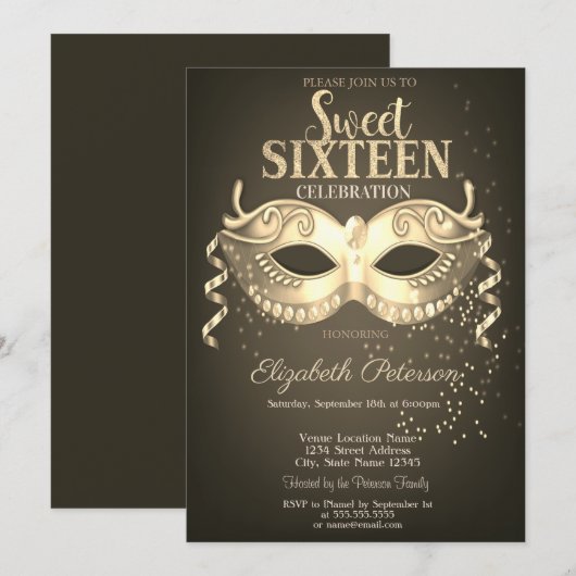 Masquerade,Masque,Confetti Sweet 16 Goud Kaart (Voorkant / Achterkant)