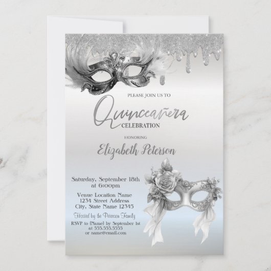 Masquerade Masque Glitter Drips Silver Quinceanera Kaart (Voorkant)