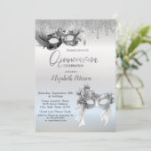 Masquerade Masque Glitter Drips Silver Quinceanera Kaart (Staand voorkant)