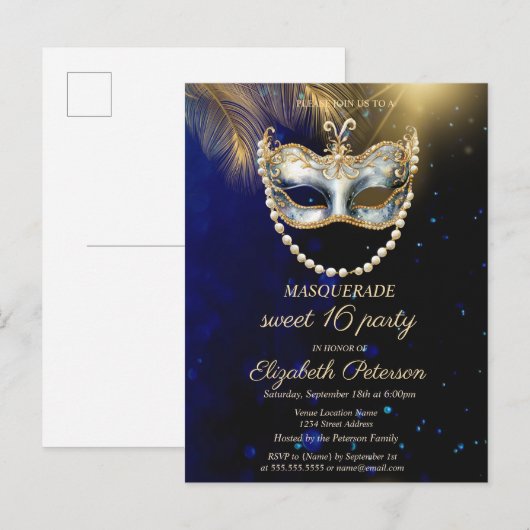 Masquerade Masque Gold Leaves Sweet 16 Uitnodiging Briefkaart (Voorkant / Achterkant)