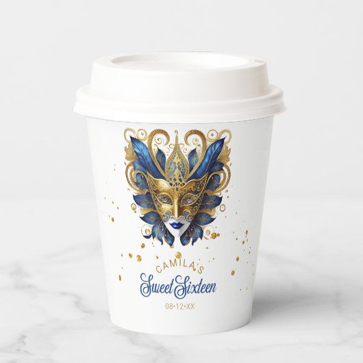 Masquerade Motief Sweet 16 Blauw Goud ID1032 Papieren Bekers (Voorkant)