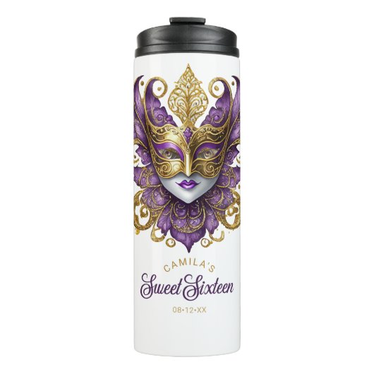 Masquerade Motief Sweet 16 Paarse Goud ID1032 Thermosbeker (Voorkant)