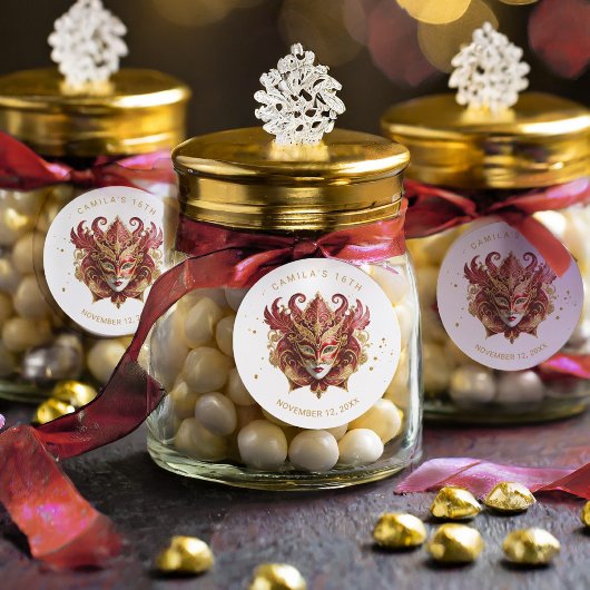 Masquerade Motief Sweet 16 Rood Goud ID1032 Ronde Sticker