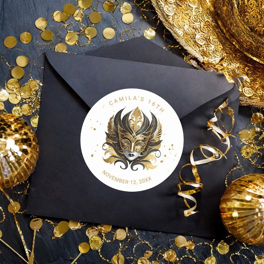 Masquerade Motief Sweet 16 Zwart Goud ID1032 Ronde Sticker