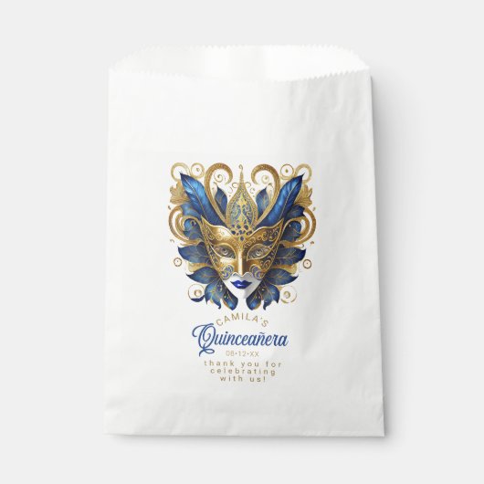 Masquerade Motif Quinceanera Blauw Goud ID1031 Bedankzakje (Voorkant)