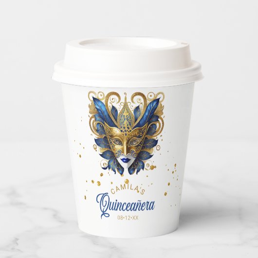 Masquerade Motif Quinceanera Blauw Goud ID1031 Papieren Bekers (Voorkant)