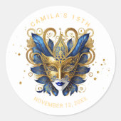 Masquerade Motif Quinceanera Blauw Goud ID1031 Ronde Sticker (Voorkant)