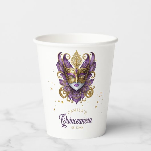 Masquerade Motif Quinceanera Paarse Goud ID1031 Papieren Bekers (Achterkant)