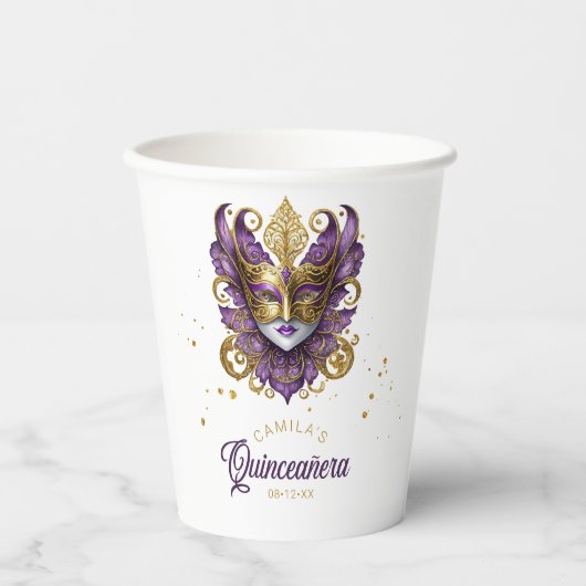 Masquerade Motif Quinceanera Paarse Goud ID1031 Papieren Bekers (Voorkant)