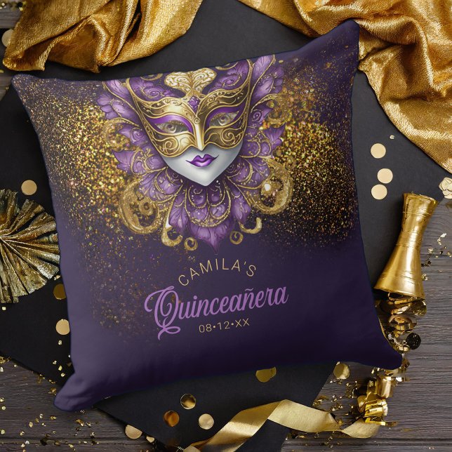 Masquerade Motif Quinceanera Paarse Goud V2 ID1031 Kussen (Creator heeft geüpload)