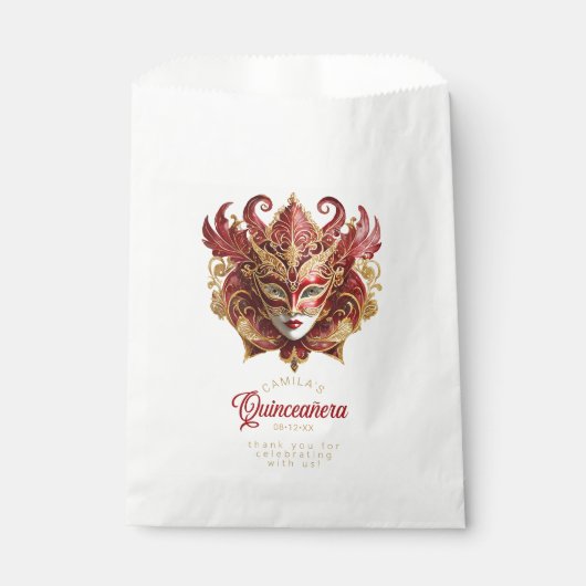 Masquerade Motif Quinceanera Rood Goud ID1031 Bedankzakje (Voorkant)