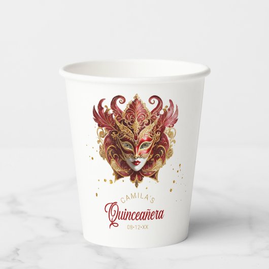 Masquerade Motif Quinceanera Rood Goud ID1031 Papieren Bekers (Achterkant)