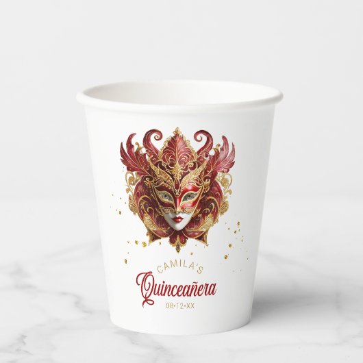 Masquerade Motif Quinceanera Rood Goud ID1031 Papieren Bekers (Voorkant)