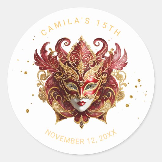 Masquerade Motif Quinceanera Rood Goud ID1031 Ronde Sticker (Voorkant)