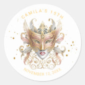 Masquerade Motif Quinceanera Roos Goud ID1031 Ronde Sticker (Voorkant)