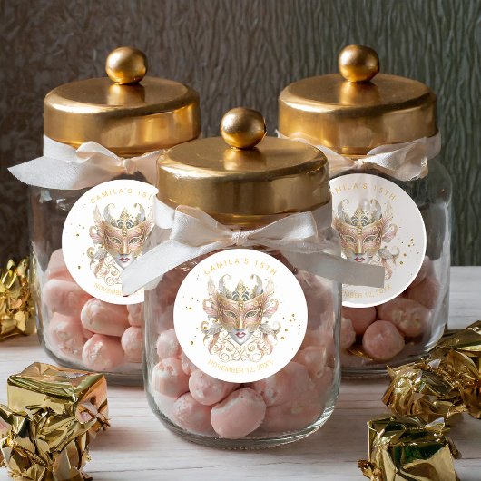 Masquerade Motif Quinceanera Roos Goud ID1031 Ronde Sticker