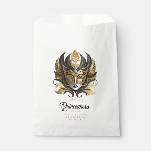 Masquerade Motif Quinceanera Zwart Goud ID1031 Bedankzakje (Voorkant)