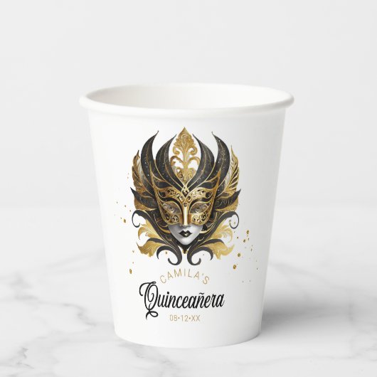 Masquerade Motif Quinceanera Zwart Goud ID1031 Papieren Bekers (Voorkant)