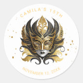 Masquerade Motif Quinceanera Zwart Goud ID1031 Ronde Sticker (Voorkant)