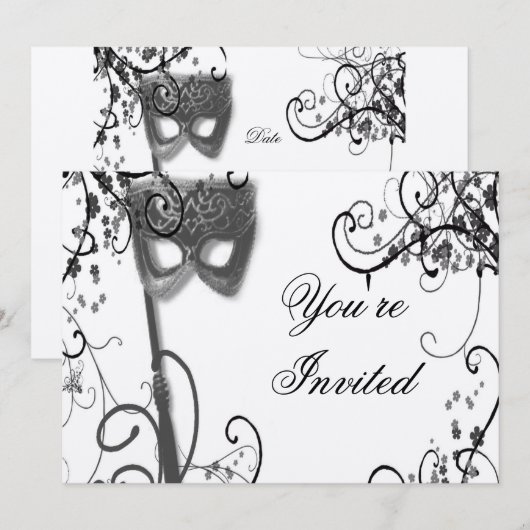 Masquerade Mystique BW Uitnodiging (Voorkant / Achterkant)