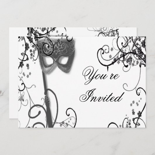 Masquerade Mystique BW Uitnodiging (Voorkant / Achterkant)