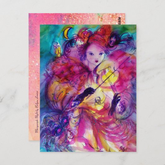 MASQUERADE NACHT Carnaval Musicus in Roze kostuum Briefkaart (Voorkant / Achterkant)