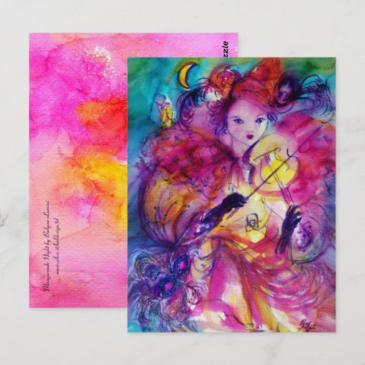 MASQUERADE NACHT Carnaval Musicus in Roze kostuum Briefkaart (Voorkant / Achterkant)