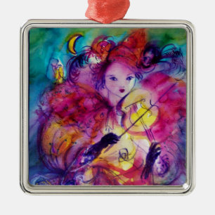 MASQUERADE NACHT Carnaval Musicus in Roze kostuum Metalen Ornament