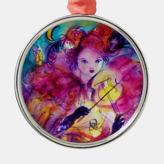 MASQUERADE NACHT Carnaval Musicus in Roze kostuum Metalen Ornament (Voorkant)