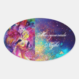 MASQUERADE NACHT Carnaval Musicus in Roze kostuum Ovale Sticker