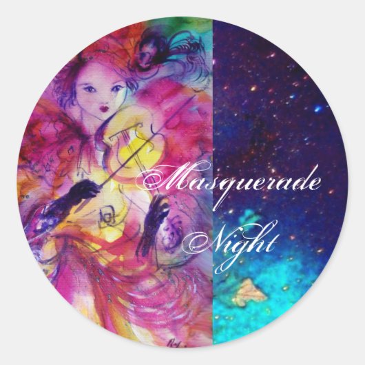 MASQUERADE NACHT Carnaval Musicus in Roze kostuum Ronde Sticker (Voorkant)