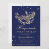 Masquerade navy blue glitter mask Sweet 16 Kaart (Voorkant)